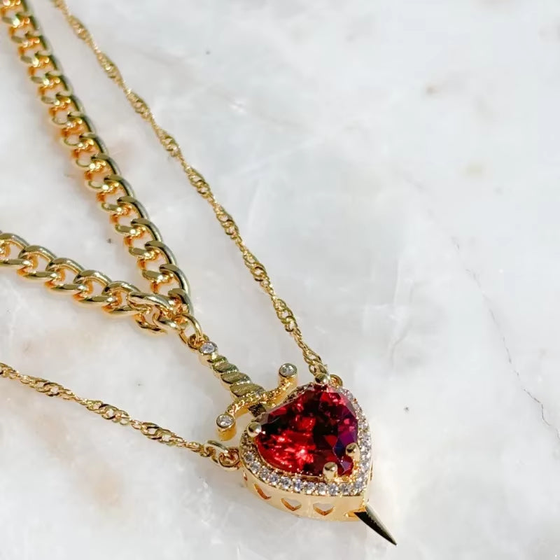 Heart and Sword Necklace - Couple Necklaces - 18K Gold Plated STAINLESS STEEL Zircon Crystal Ring Bracelet Necklace Jewelry Set